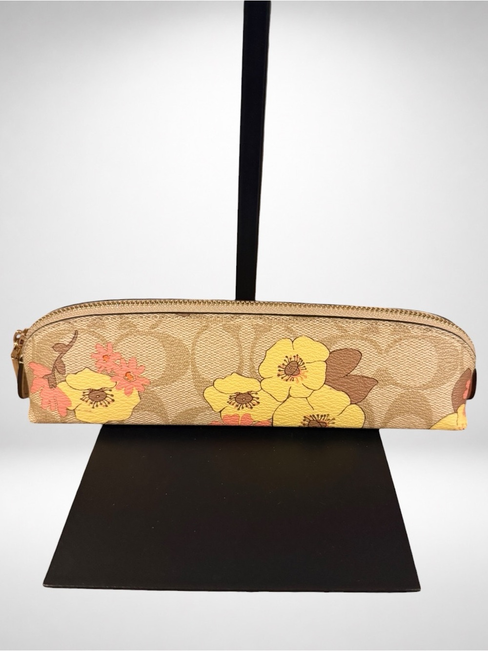 COACH Signature Floral Pencil Case Cosmetic Pouch Khaki Yellow Pink A2344